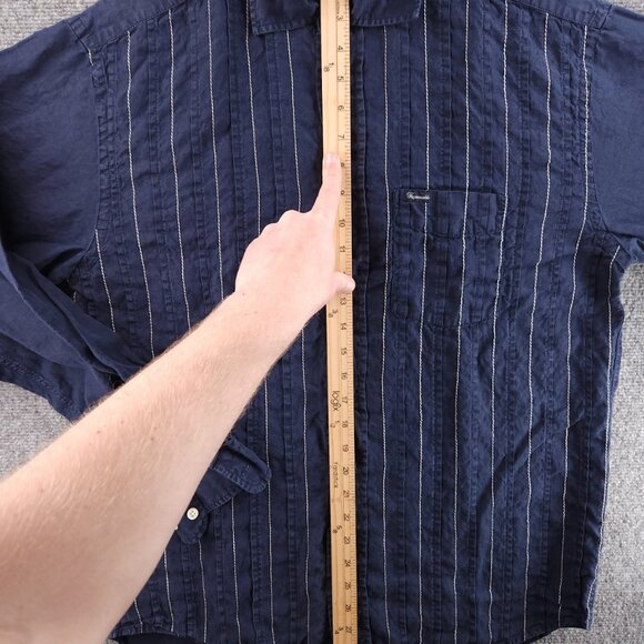 Faconnable Striped Small Linen Blue Shirt Mens Button Up Long Sleeve Pocket - Picture 8 of 14